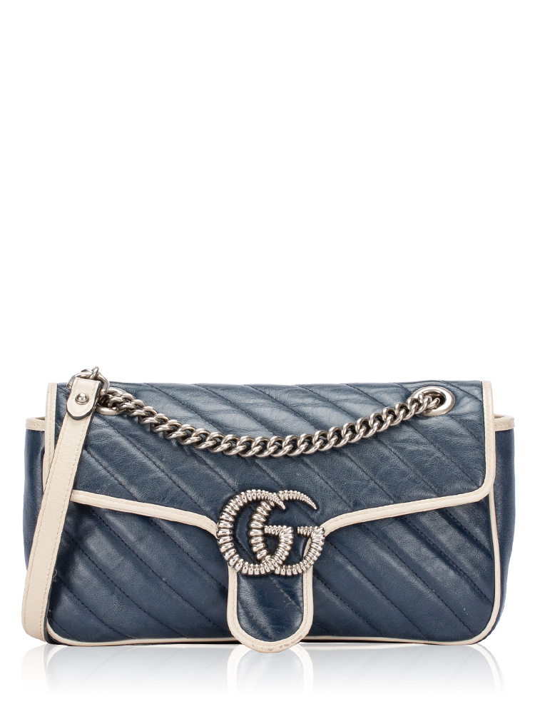 Vintage Effect GG Marmont Small Flap Shoulder Bag Blue Agata Mystic White