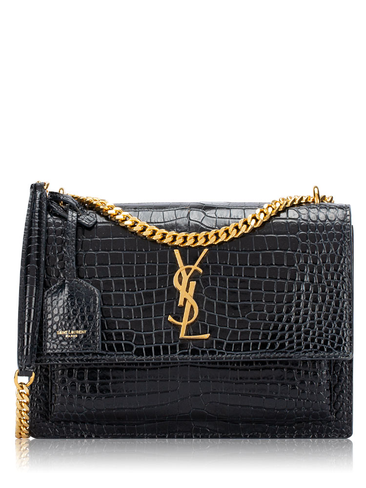 Croco Embossed Monogram Sunset Medium Shoulder Bag Black