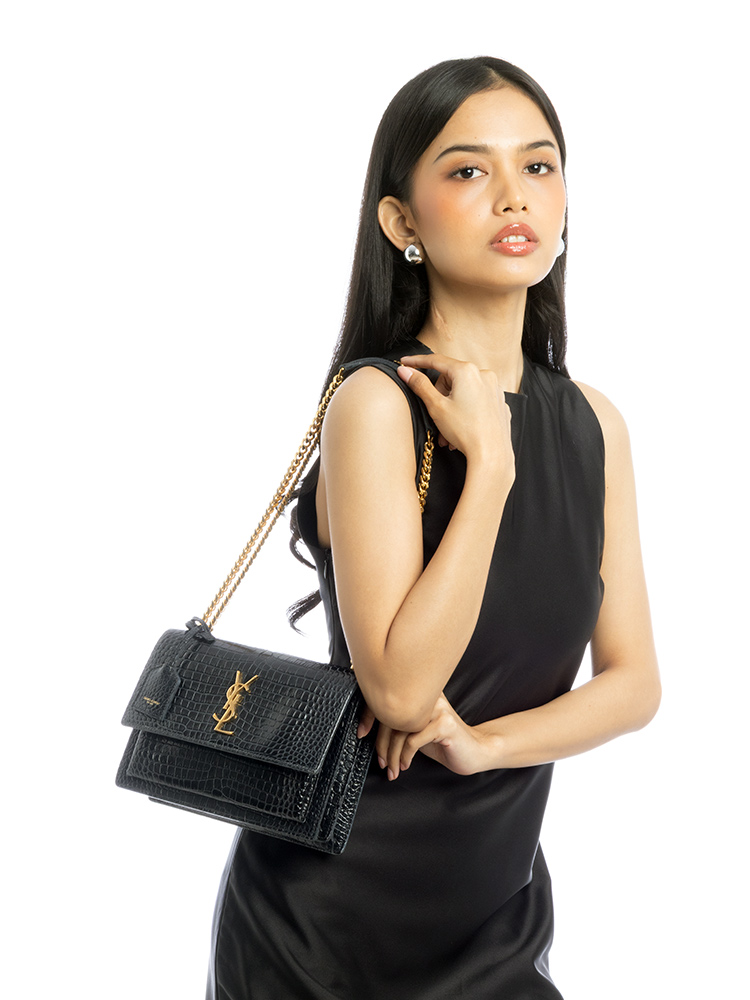 Croco Embossed Monogram Sunset Medium Shoulder Bag Black