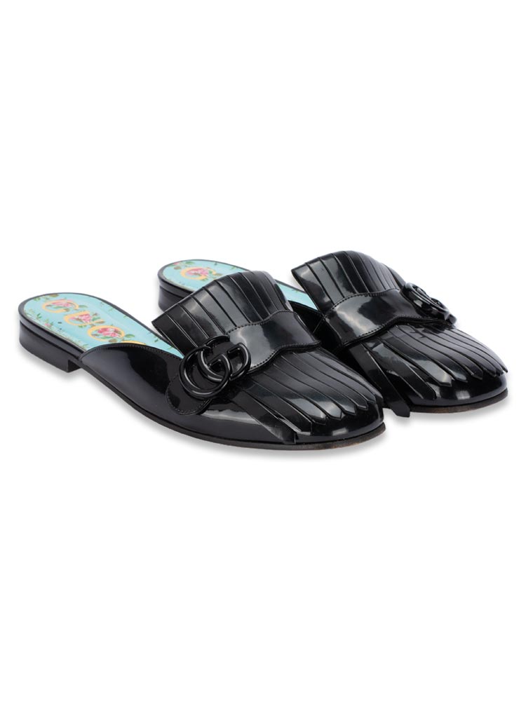 Patent GG Marmont Fringe Flat Mules Black Sz 38.5
