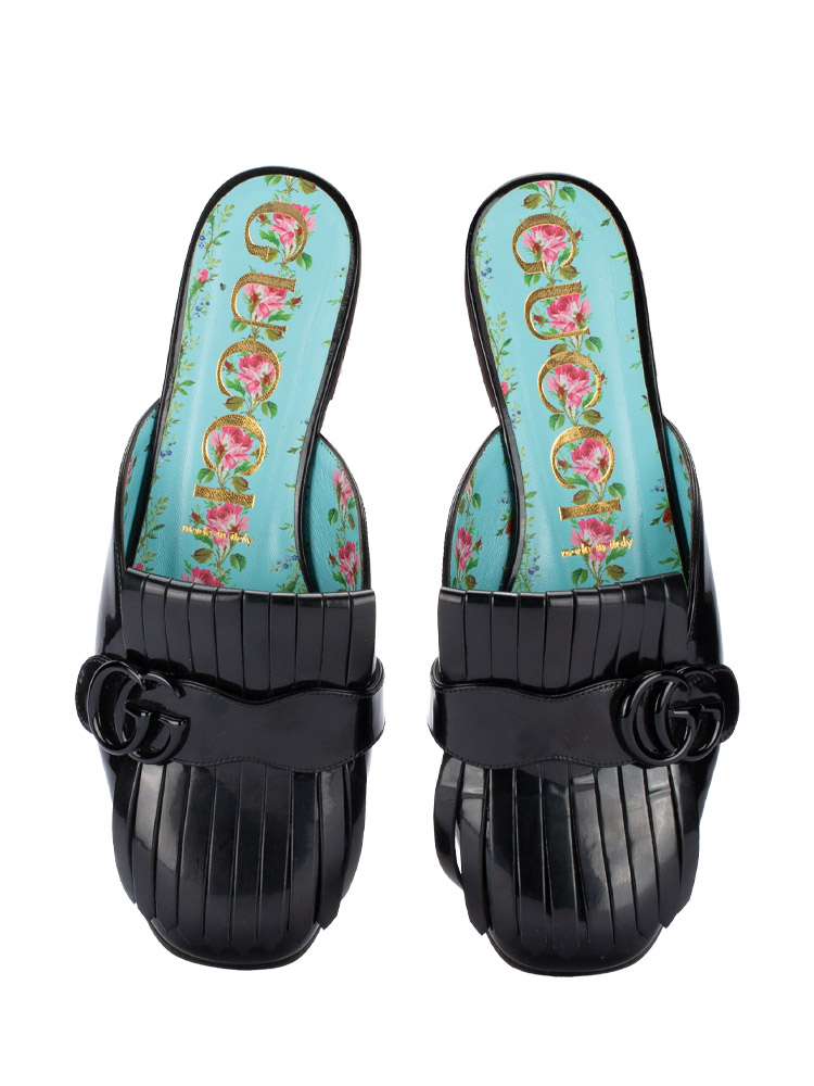 Patent GG Marmont Fringe Flat Mules Black Sz 38.5