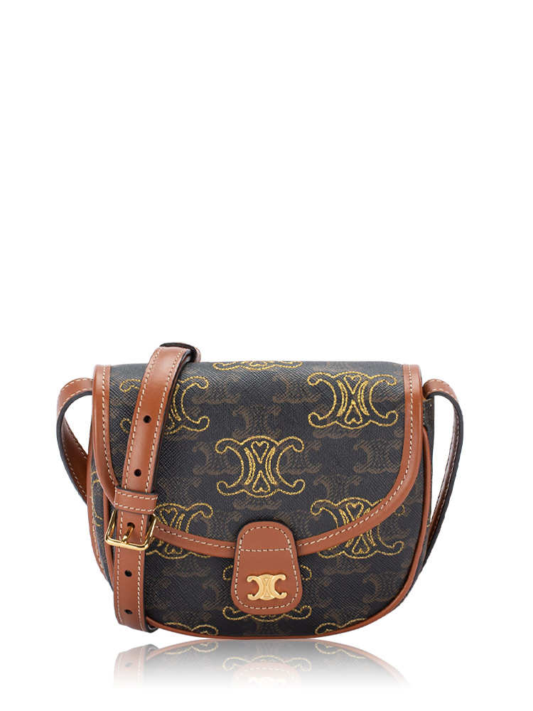 Canvas Calfskin Embroidery Triomphe Mini Besace Tan