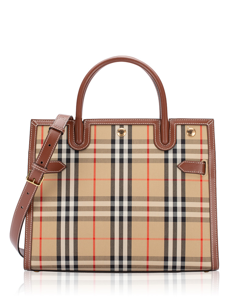 Calfskin Vintage Check Title Small Tote Archive Beige