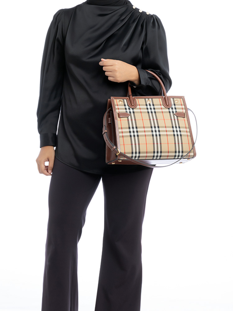 Calfskin Vintage Check Title Small Tote Archive Beige
