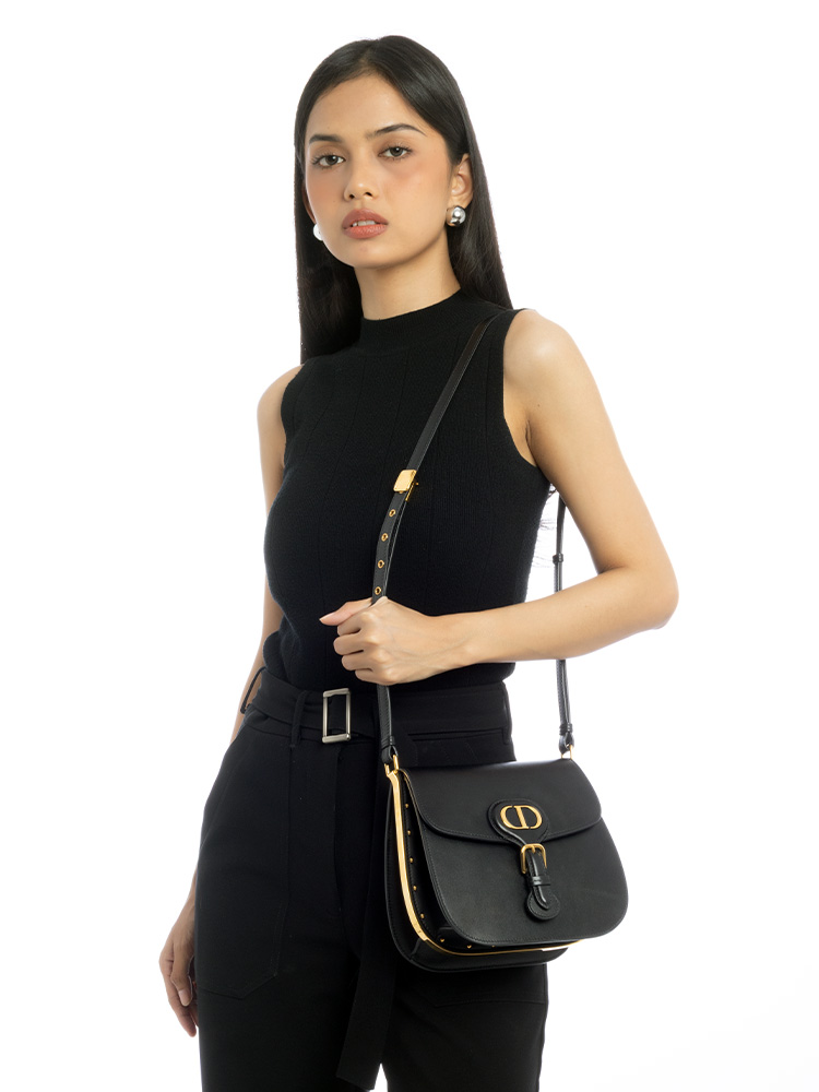 Box Calfskin Bobby Frame Medium Shoulder Bag Black