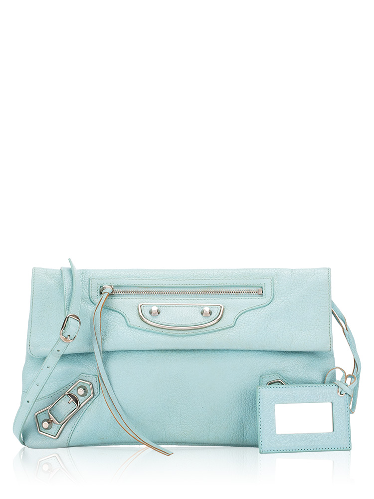 Silver Metallic Edge Envelope Clutch with Strap Bleu Maldives