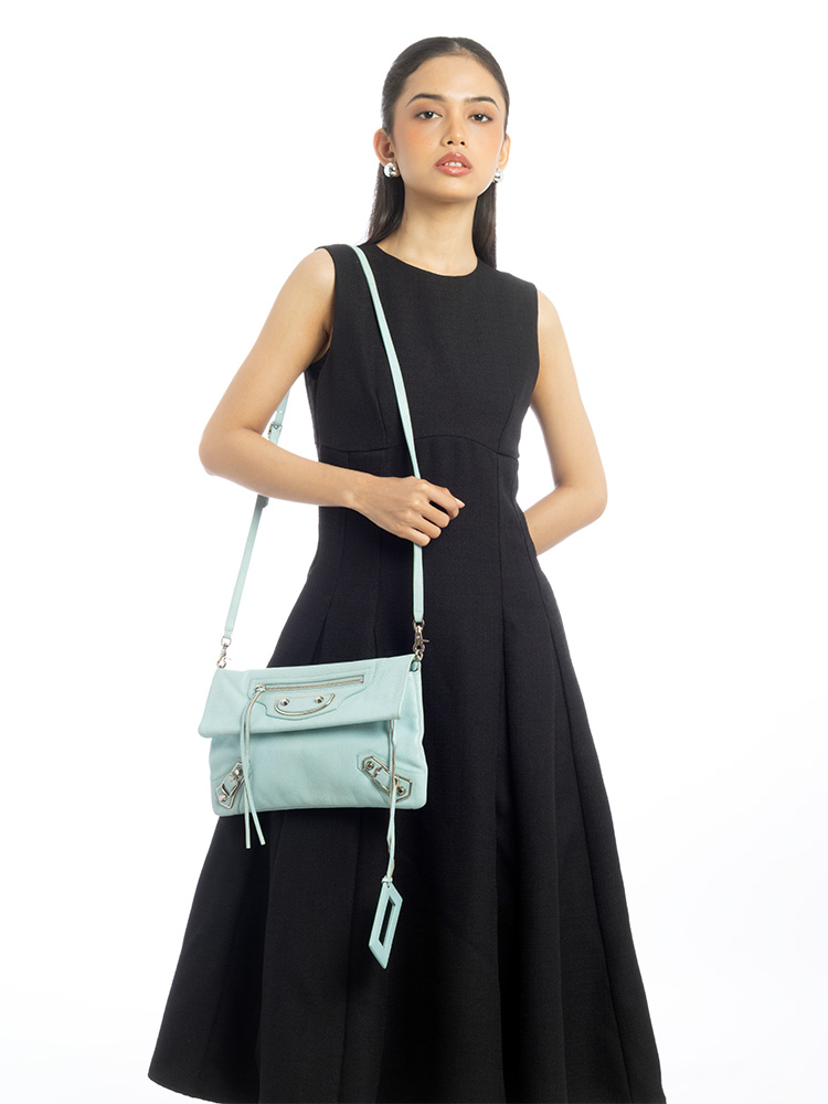 Silver Metallic Edge Envelope Clutch with Strap Bleu Maldives