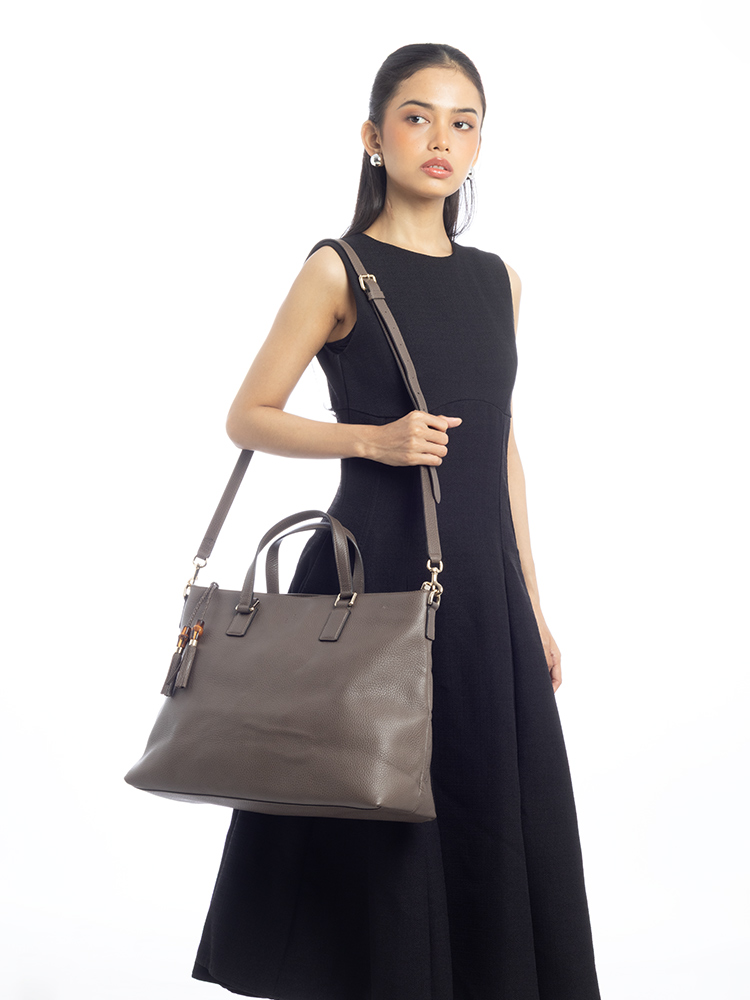 Calfskin Bamboo Tassel Large Tote Taupe