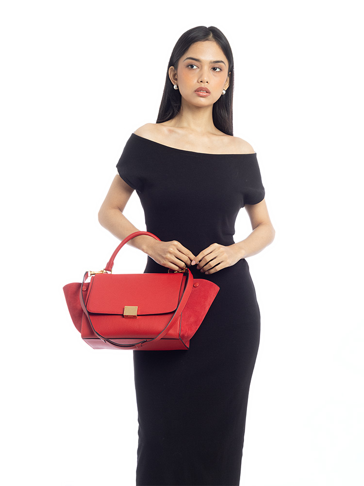 Drummed Calfskin Suede Small Trapeze Coquelicot