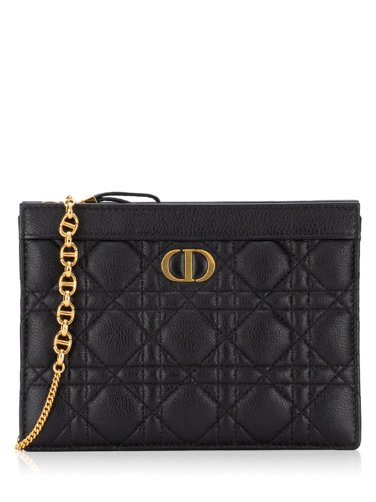 Calfskin Cannage Caro Zip Pouch With Chain Black