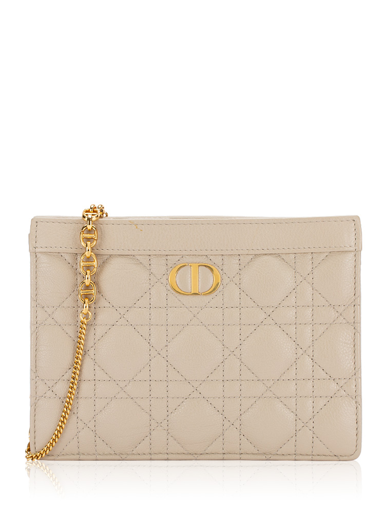 Calfskin Cannage Caro Zip Pouch With Chain Sand
