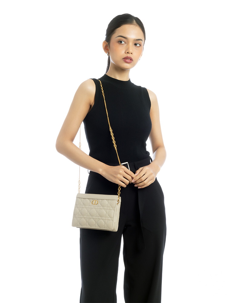 Calfskin Cannage Caro Zip Pouch With Chain Sand