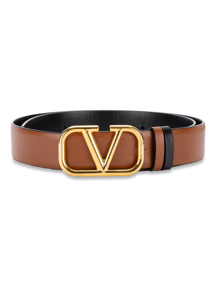 Glossy Calfskin VLogo 30mm Reversible Belt Black Saddle Sz 70