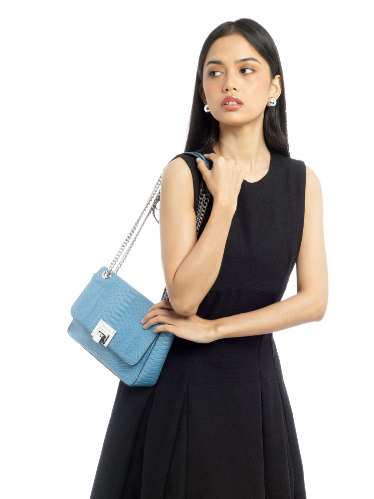 Tina Embossed Leather Medium Shoulder Bag Sky Blue
