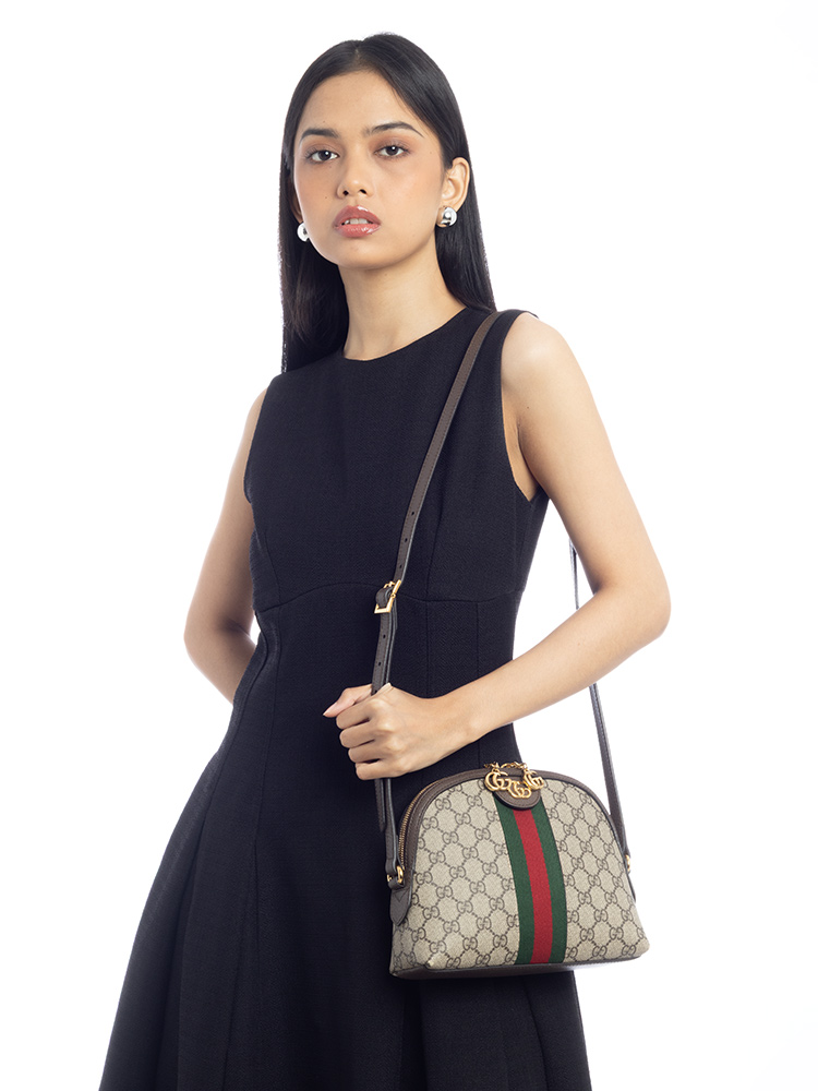GG Supreme Web Ophidia Small Dome Shoulder Bag Beige Brown
