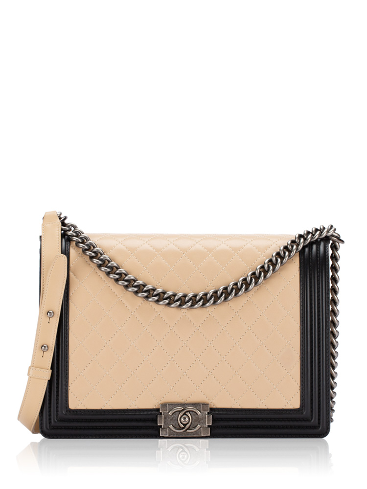 Lambskin Quilted Large Boy Flap Beige Black