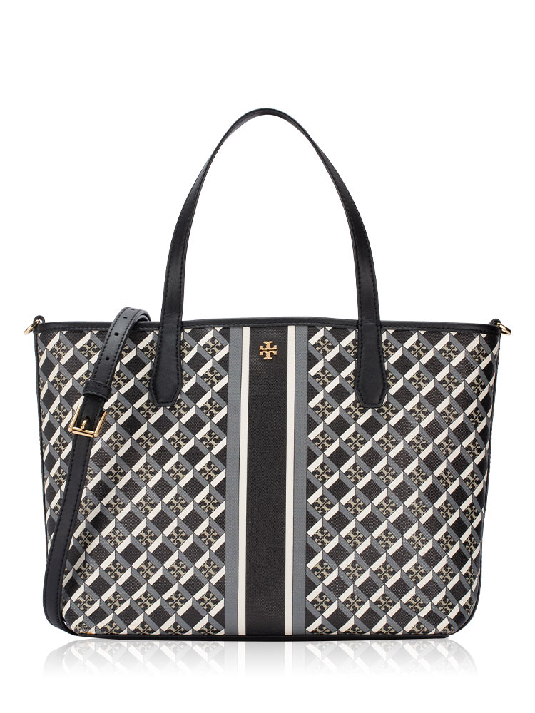 Geo Logo Stripe Mini Top Zip Tote Black