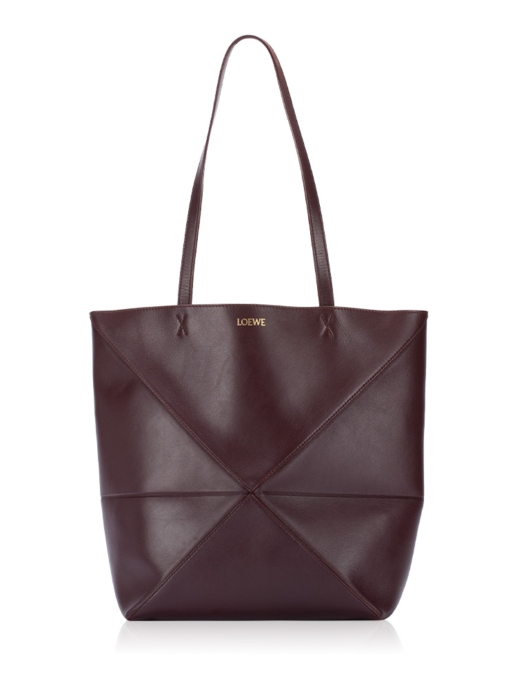 Shiny Calfskin Puzzle Fold Medium Tote Dark Burgundy