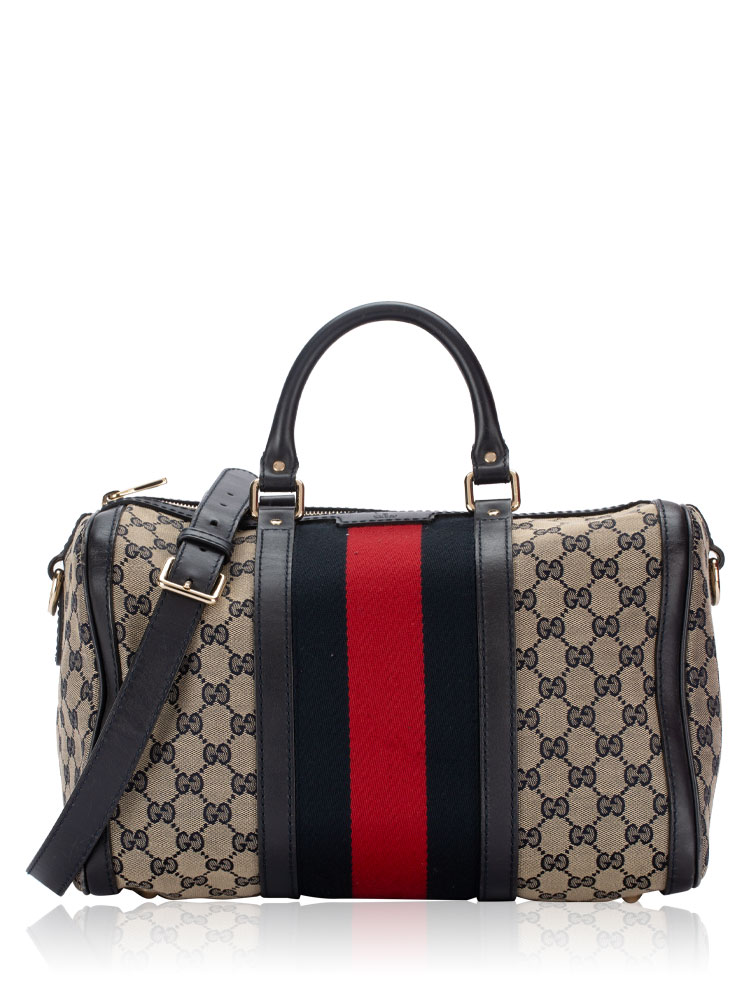 GG Canvas Vintage Web Medium Boston Bag with Strap Navy