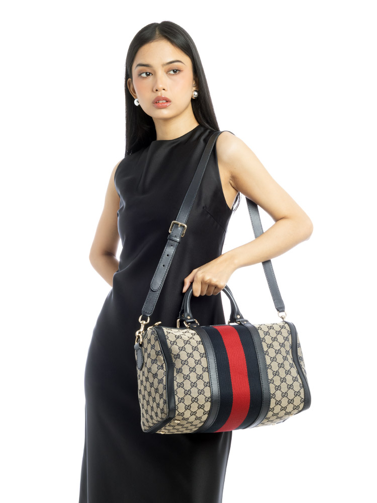 GG Canvas Vintage Web Medium Boston Bag with Strap Navy