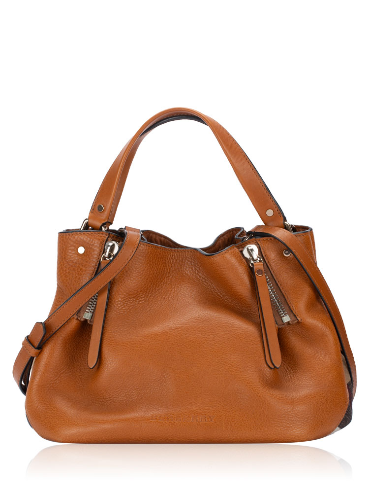 Grainy Calfskin House Check Maidstone Small Tote Saddle Brown