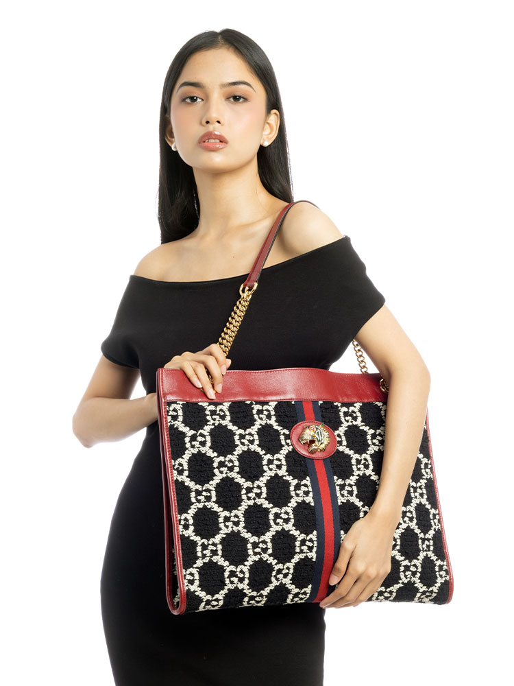 Tweed GG Rajah Large Chain Tote Romantic Cherry