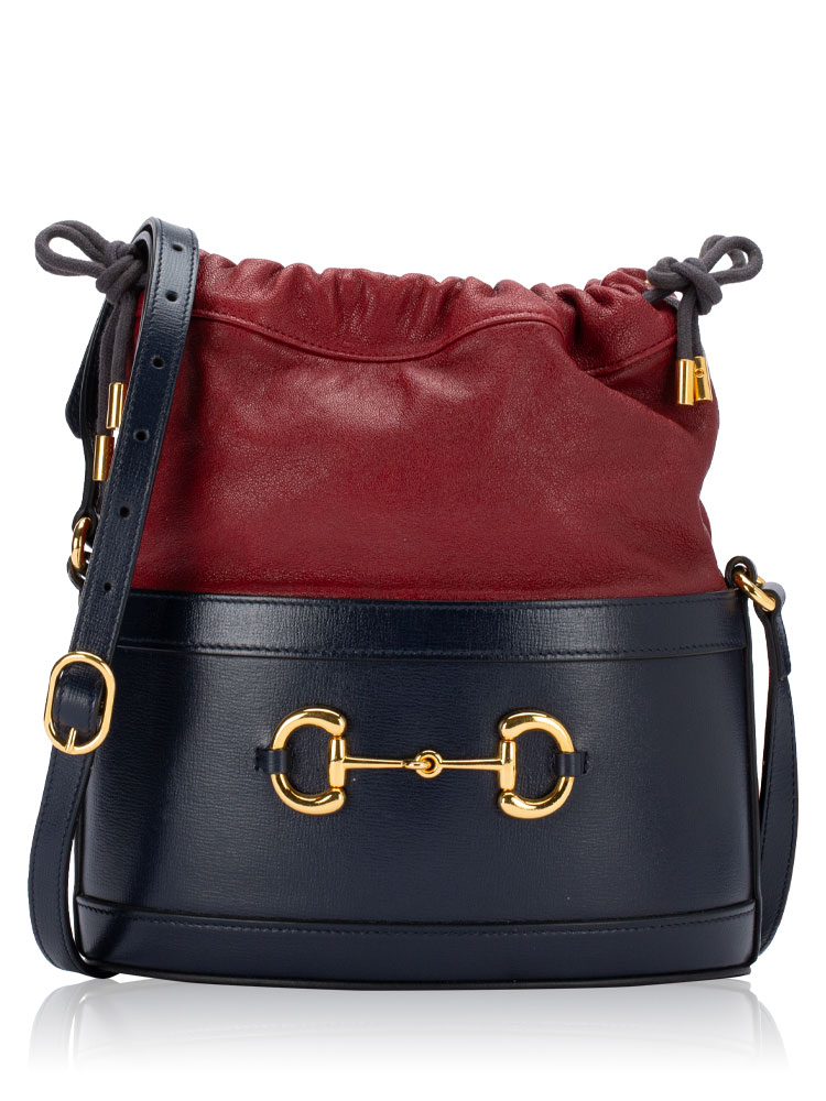 Calfskin Horsebit 1955 Drawstring Bucket Bag Blue Cherry Red