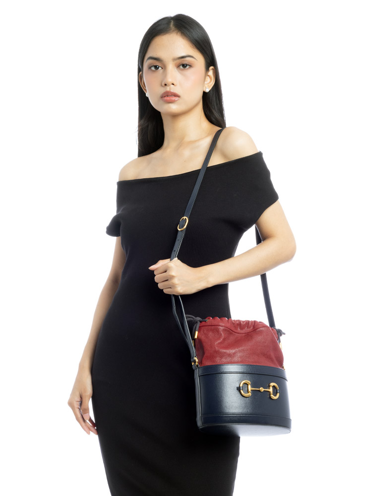 Calfskin Horsebit 1955 Drawstring Bucket Bag Blue Cherry Red