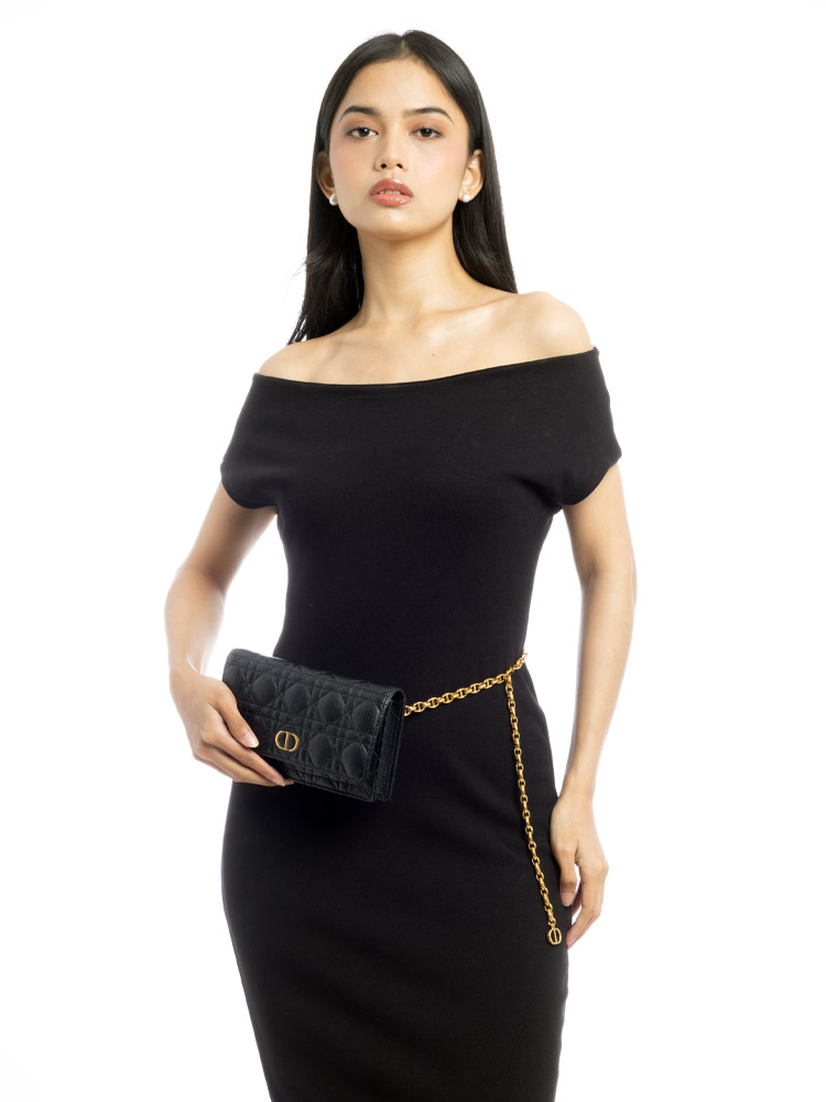 Supple Calfskin Cannage Caro Belt Pouch with Chain Black
