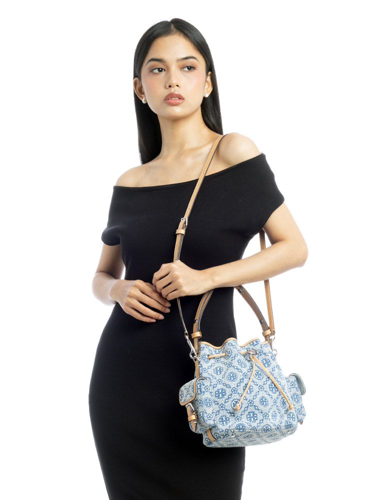 T Monogram Denim Bucket Bag Powder Blue