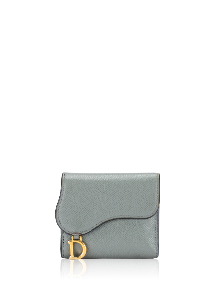Grained Calfskin Saddle Lotus Trifold Wallet Stone Grey