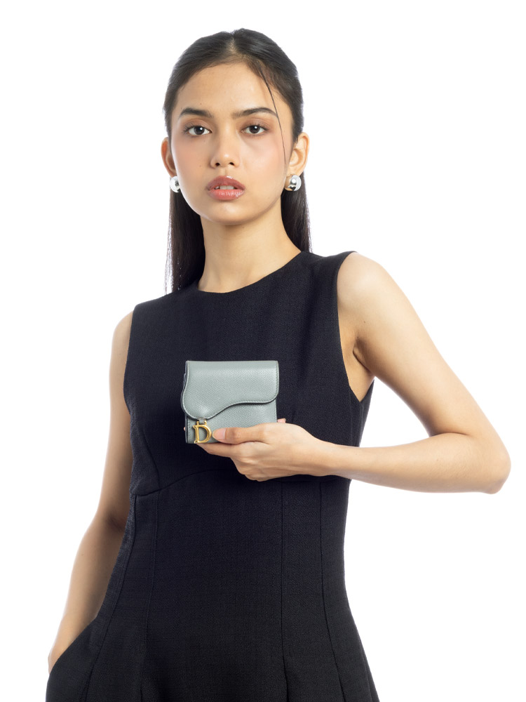 Grained Calfskin Saddle Lotus Trifold Wallet Stone Grey