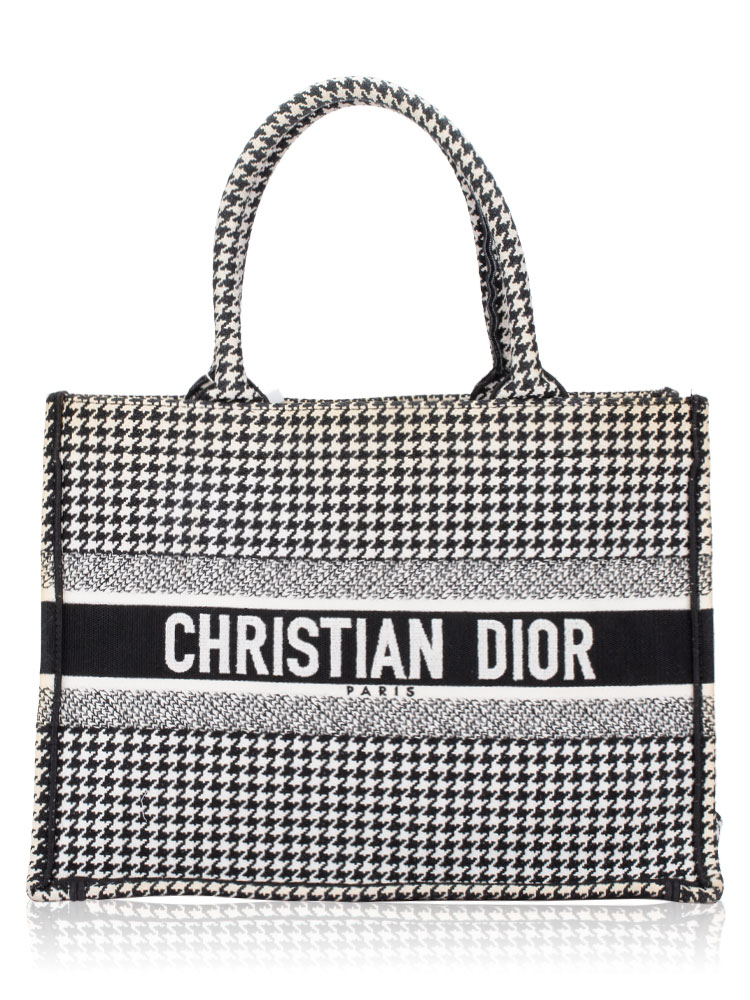 Toile Houndstooth Embroidered Medium Book Tote Black White