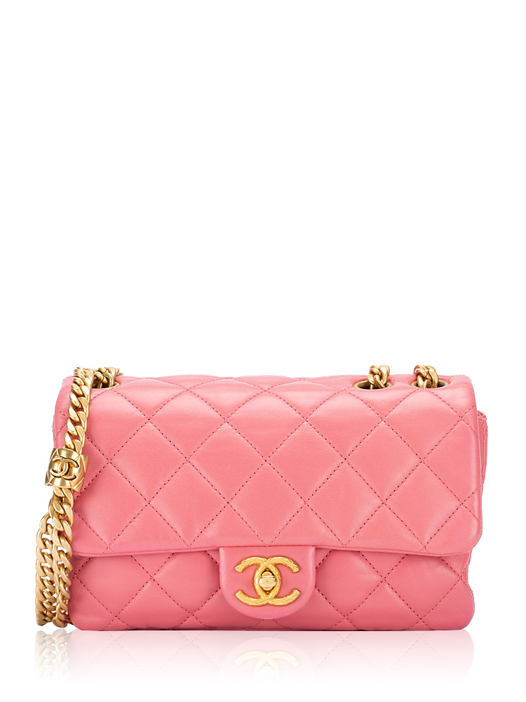 Lambskin CC Small Triple Compartment Flap Bag with Pearl Crush Pink