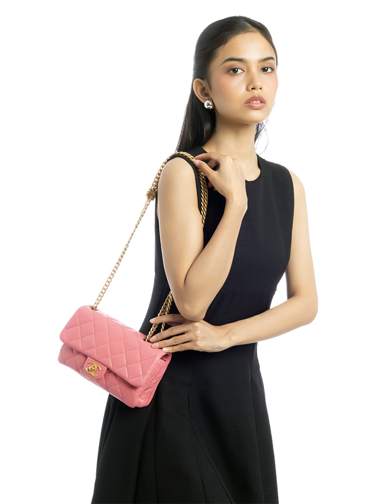 Lambskin CC Small Triple Compartment Flap Bag with Pearl Crush Pink