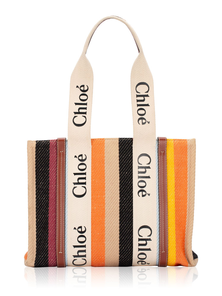 Cotton Calfskin Woody Striped Medium Tote Beige Multicolor