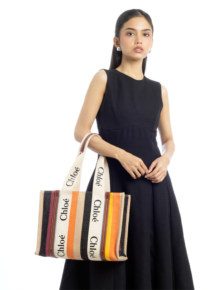 Cotton Calfskin Woody Striped Medium Tote Beige Multicolor