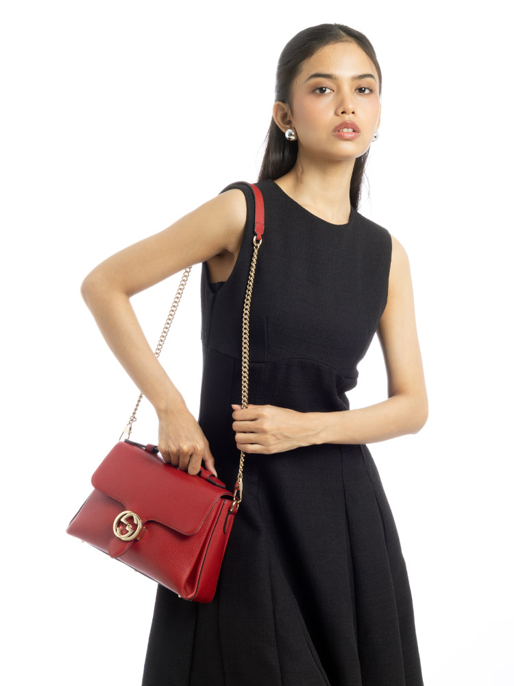 Dollar Calfskin Interlocking G Top Handle Shoulder Bag Red