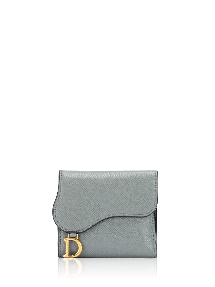 Grained Calfskin Saddle Lotus Trifold Wallet Stone Grey