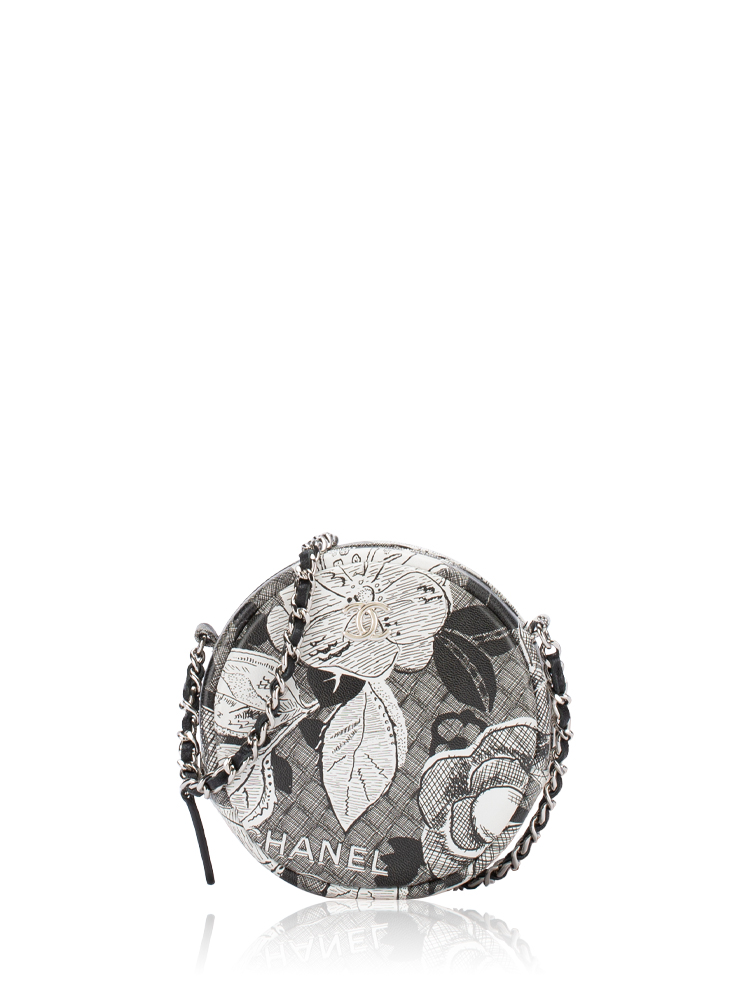 Calfskin Floral Print Round Clutch With Chain Black White