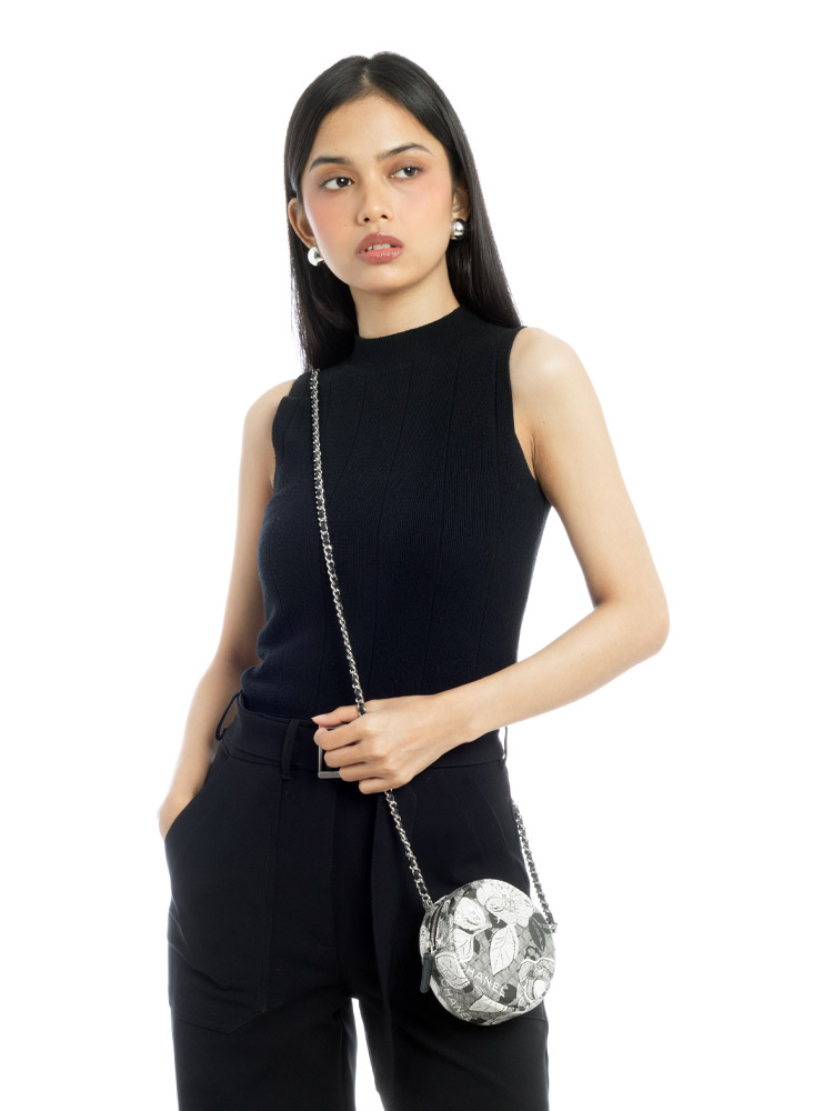 Calfskin Floral Print Round Clutch With Chain Black White