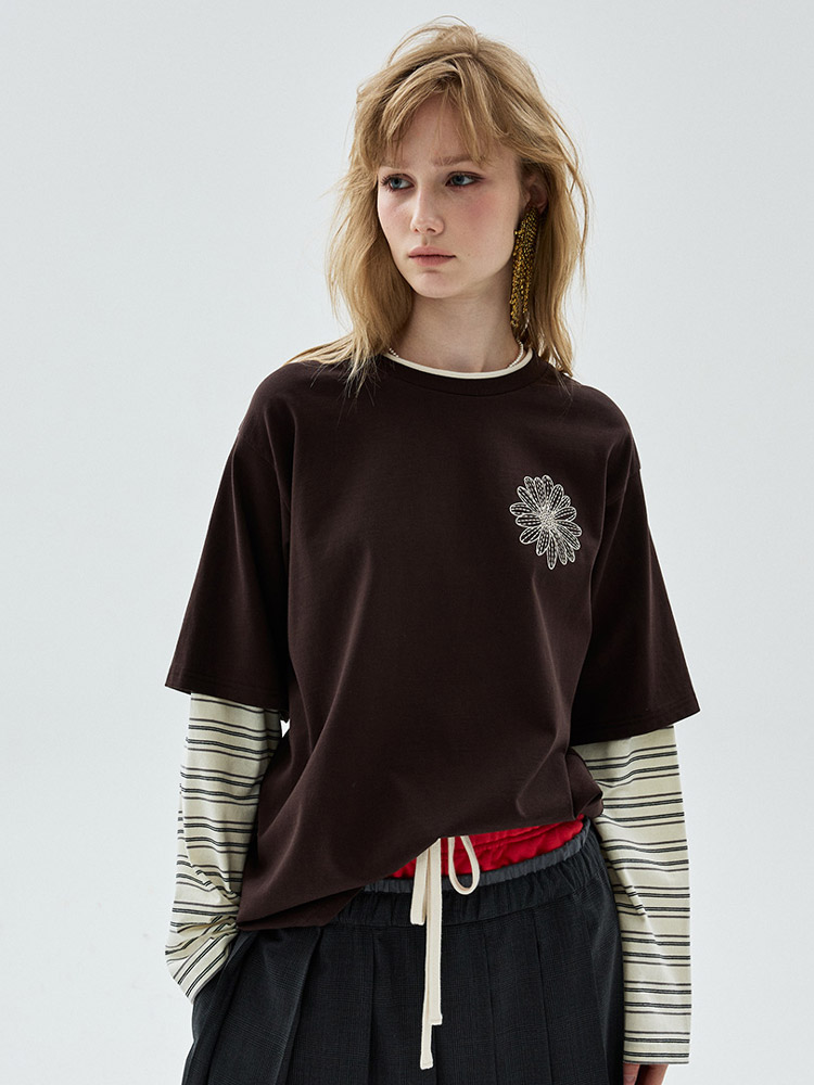 Layered Flower Long Sleeve T-Shirt Brown