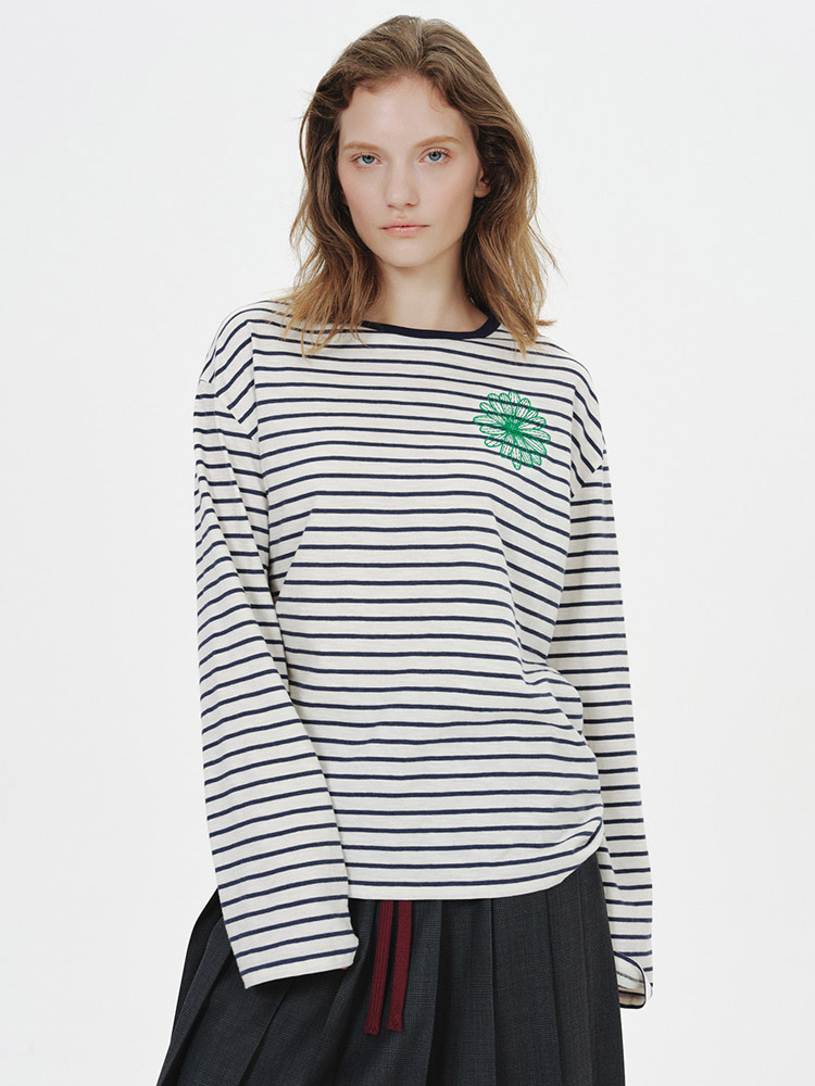 Slub Cotton Stripe Flower Long Sleeve T-Shirt Navy Green