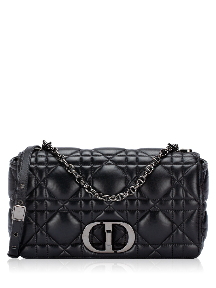 Calfskin Macrocannage Caro Large Shoulder Bag Black