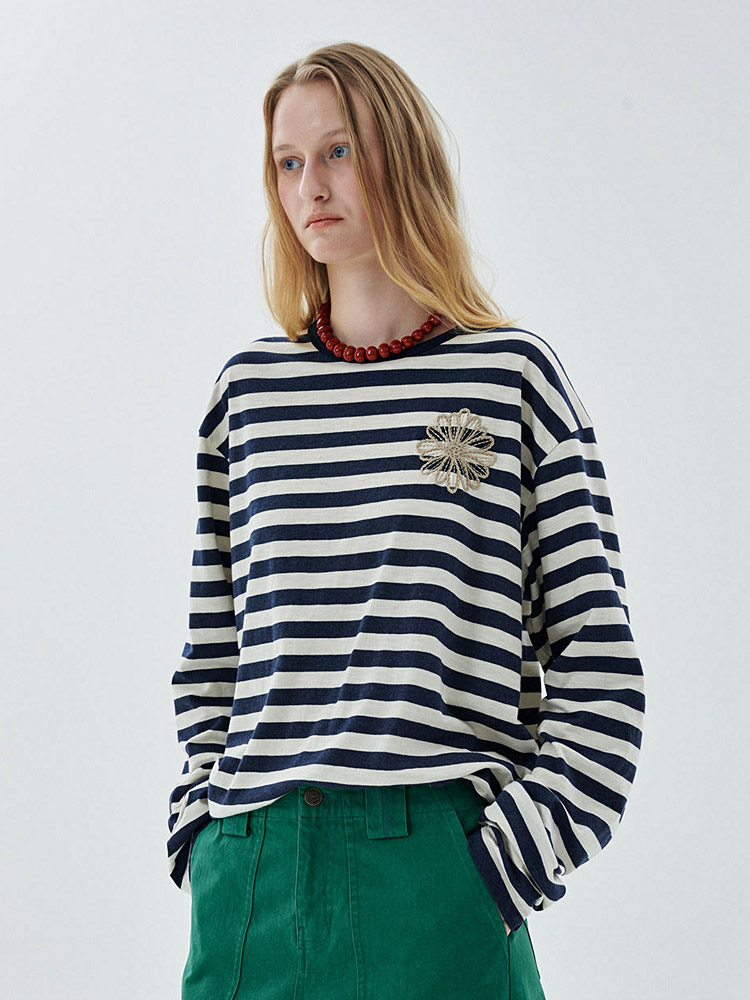 Slub Cotton Big Stripe Flower Long Sleeve T-Shirt Navy Beige