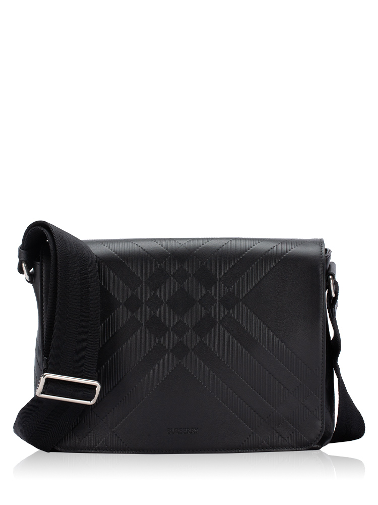 Men Calfskin Embossed Check Messenger Black