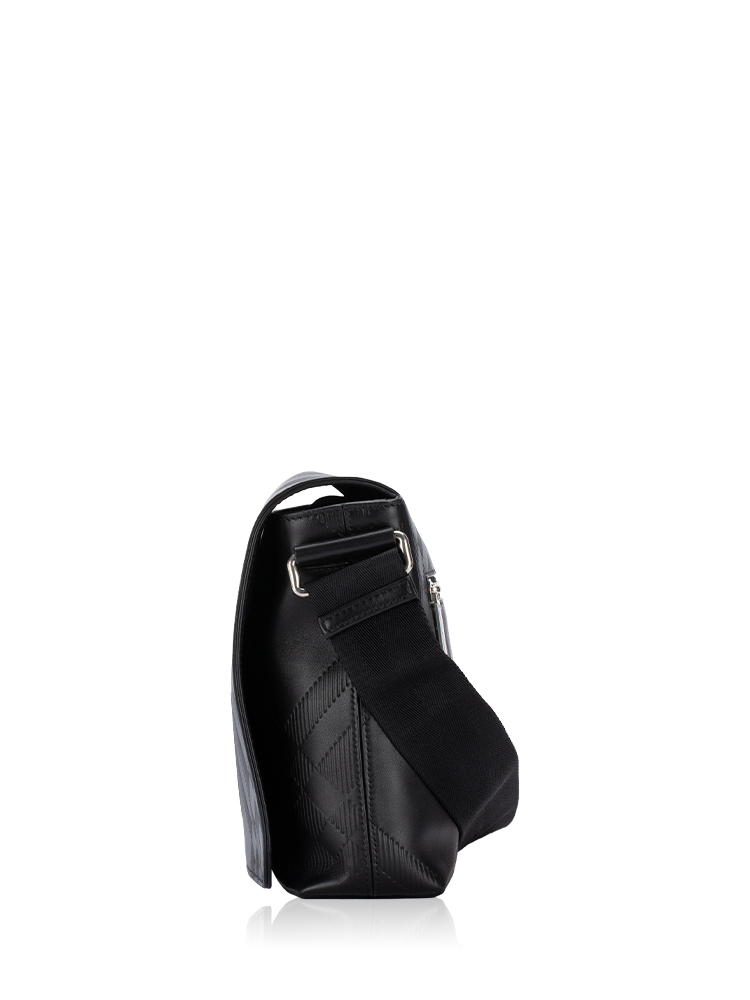 Men Calfskin Embossed Check Messenger Black