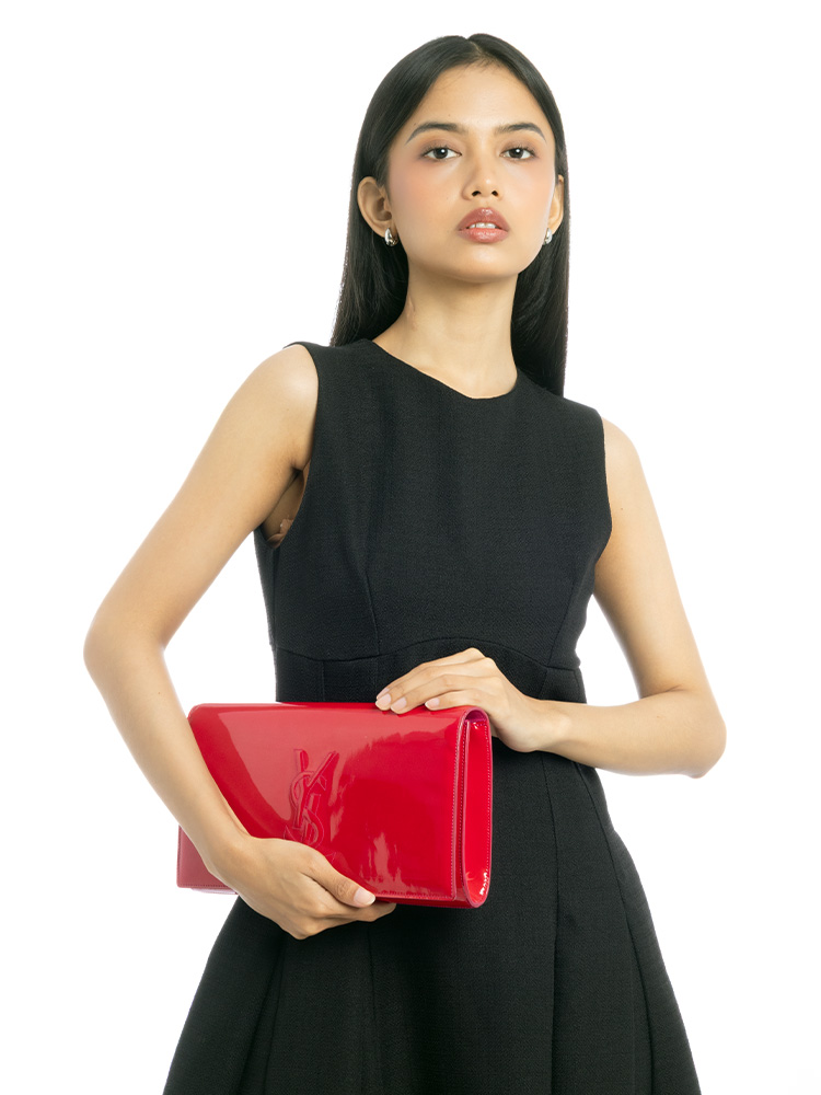 Patent Calfskin Belle De Jour Large Clutch Hot Pink