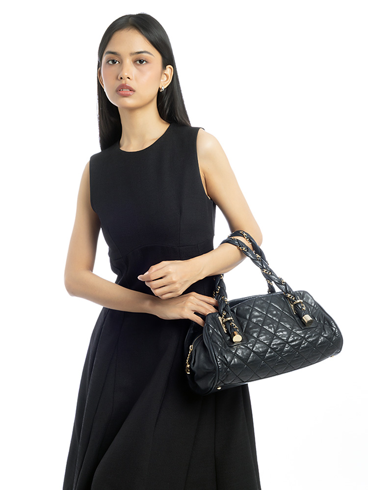 Calfskin Lady Braid Bowler Bag Black