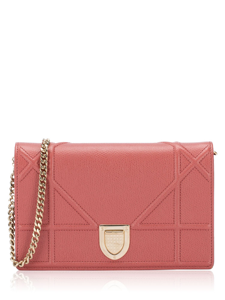 Grained Calfskin Diorama Wallet on Chain Dark Pink
